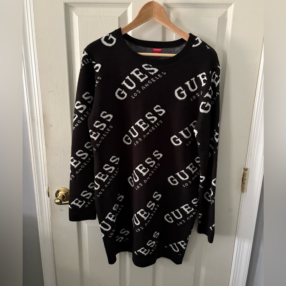 GUESS Womens Long Sleeve Black Logo Print Knit Sweater Dress Size Small